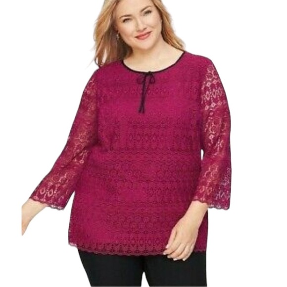 TALBOTS Detailed Lace Top w/ 3/4 Sleeves Crew Neck in Mulberry Size Medium - Picture 2 of 2